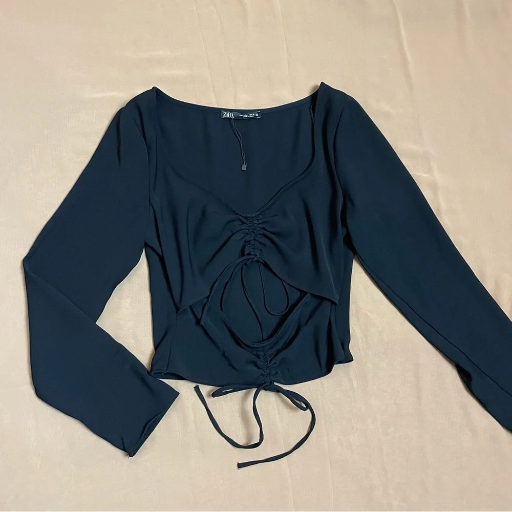 New Zara Black Ruched Cut-out Top Blouse Size S